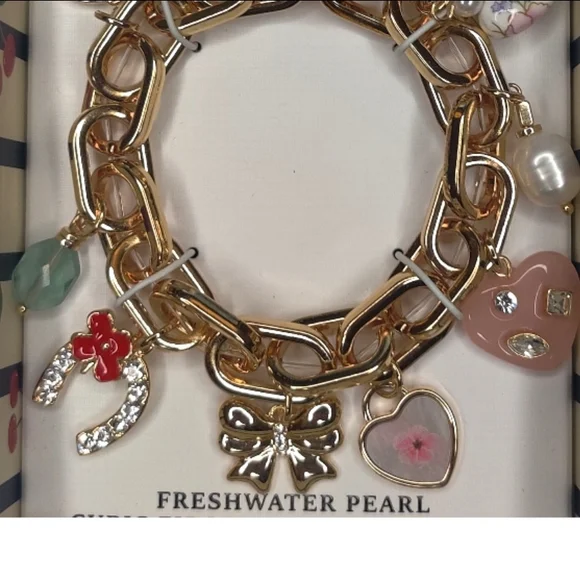 Piper K Freshwater Pearl Cubic Zirconia & Glass Stones Gold Stretch Bracelet - Picture 5 of 5